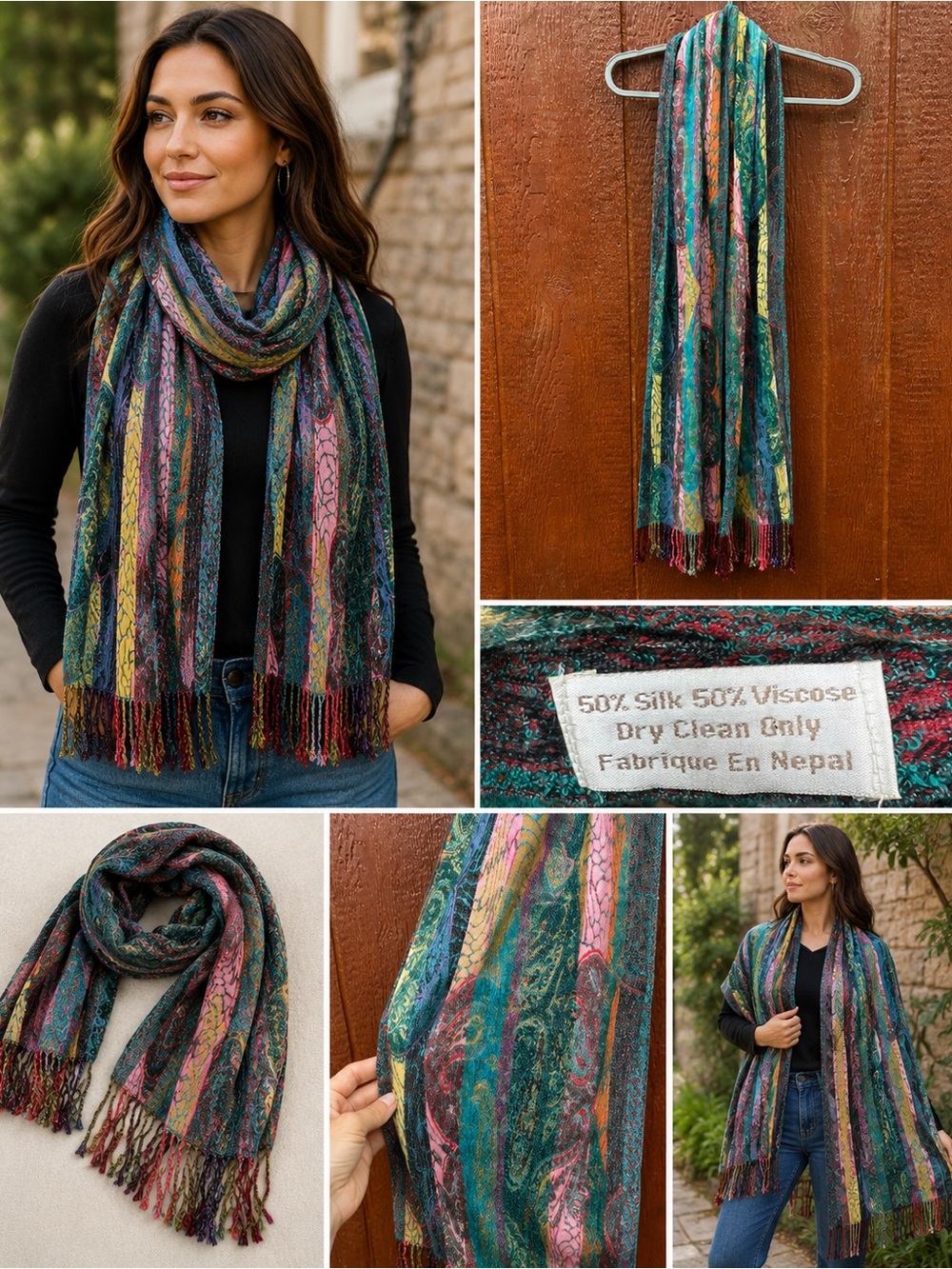 Silk & Viscose Nepal Artisan Fringe Scarf Wrap Shawl Boho Multicolor